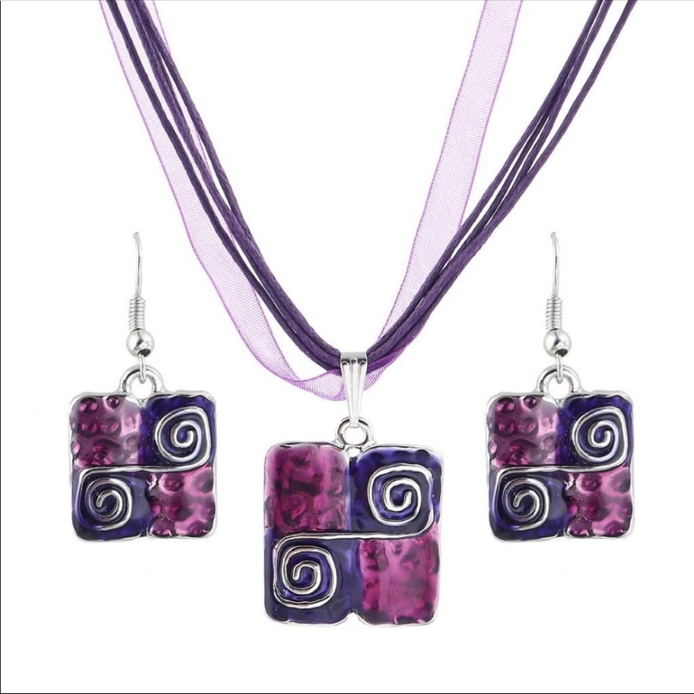 Leather Squares Necklace And Matching Earrings Set